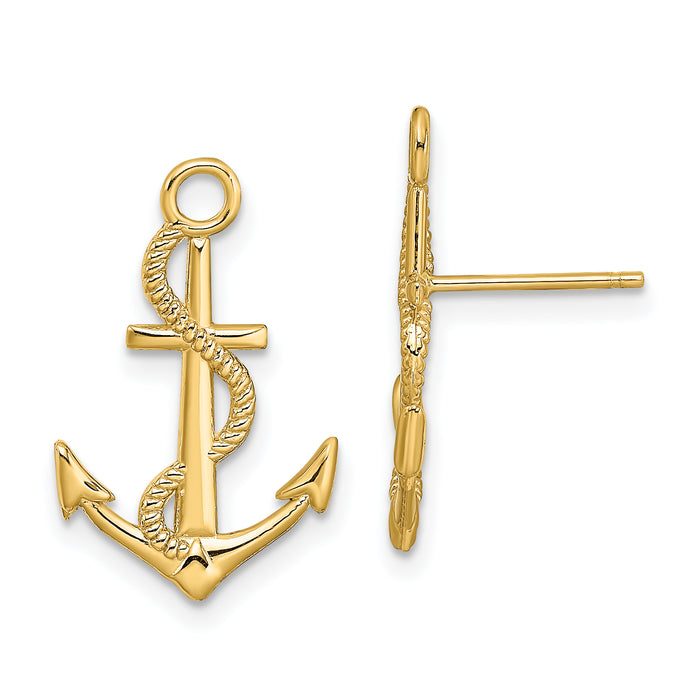 14K Polished / Textured Anchor W/ Rope Post Earrings-TE873