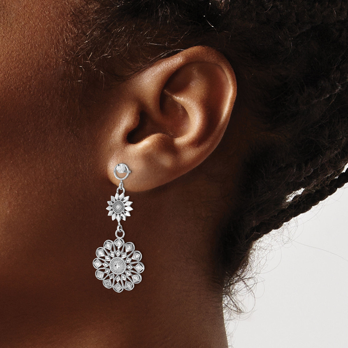 14K White Gold D/C Sunflower Style Double Drop  Earrings-TE882W
