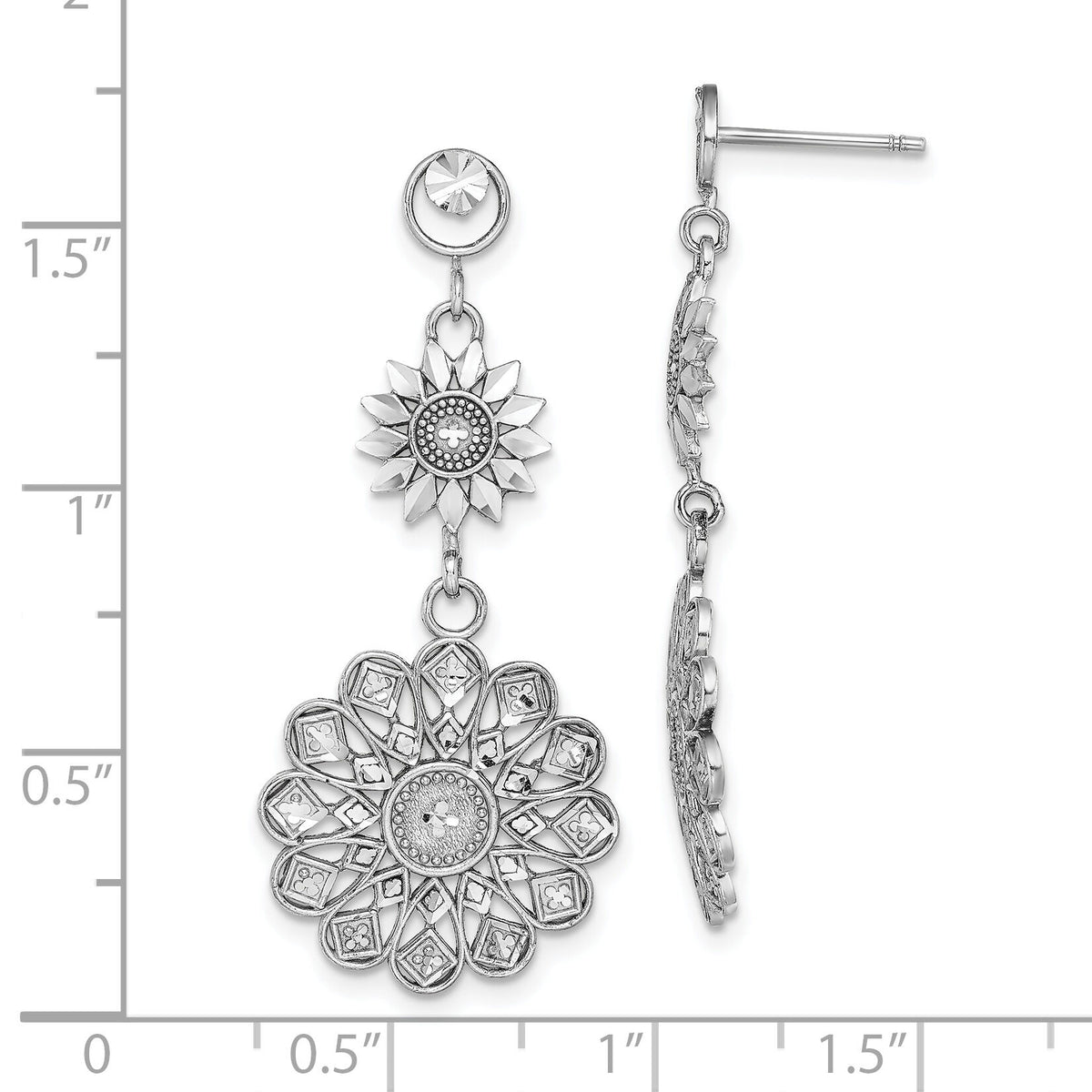 14K White Gold D/C Sunflower Style Double Drop  Earrings-TE882W