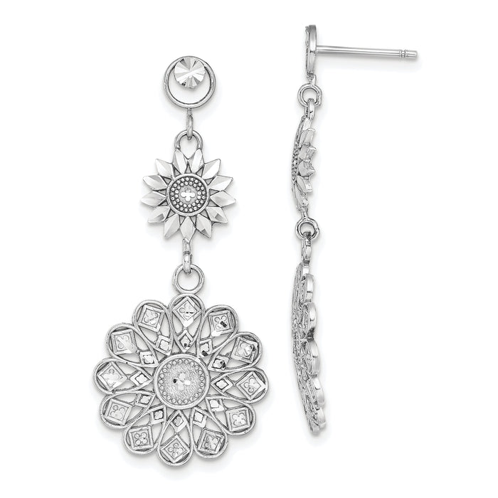 14K White Gold D/C Sunflower Style Double Drop  Earrings-TE882W