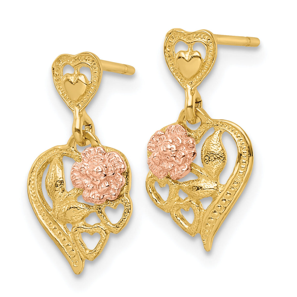 14k Two-tone Heart w/Flower Post Dangle Earrings-TE883