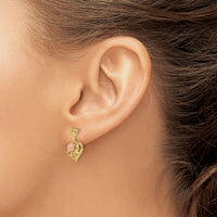 14k Two-tone Heart w/Flower Post Dangle Earrings-TE883