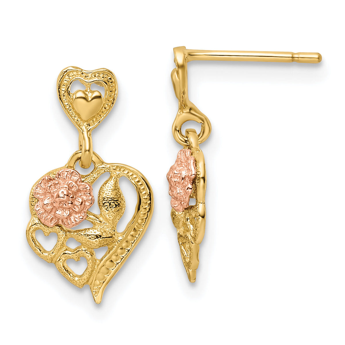 14k Two-tone Heart w/Flower Post Dangle Earrings-TE883