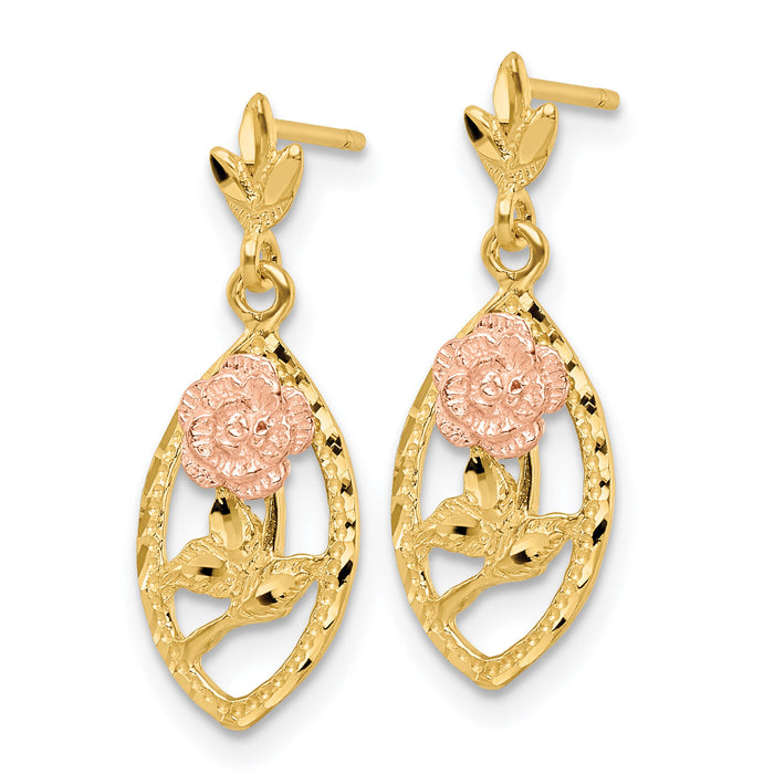 14k Two-tone Textured Flower Post Dangle Earrings-TE887