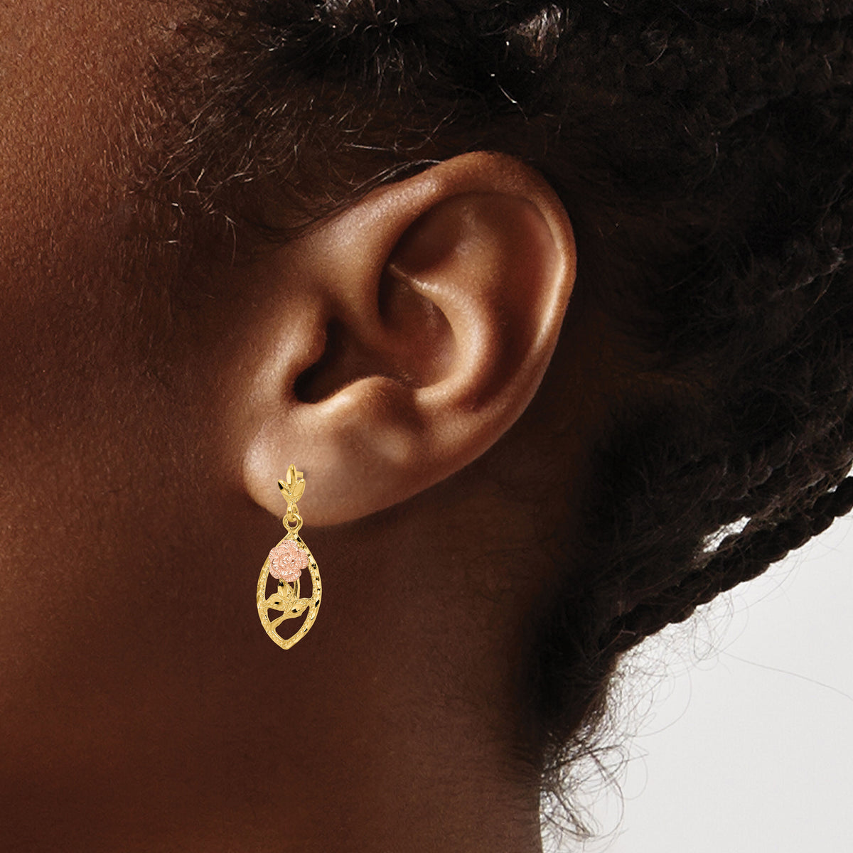 14k Two-tone Textured Flower Post Dangle Earrings-TE887