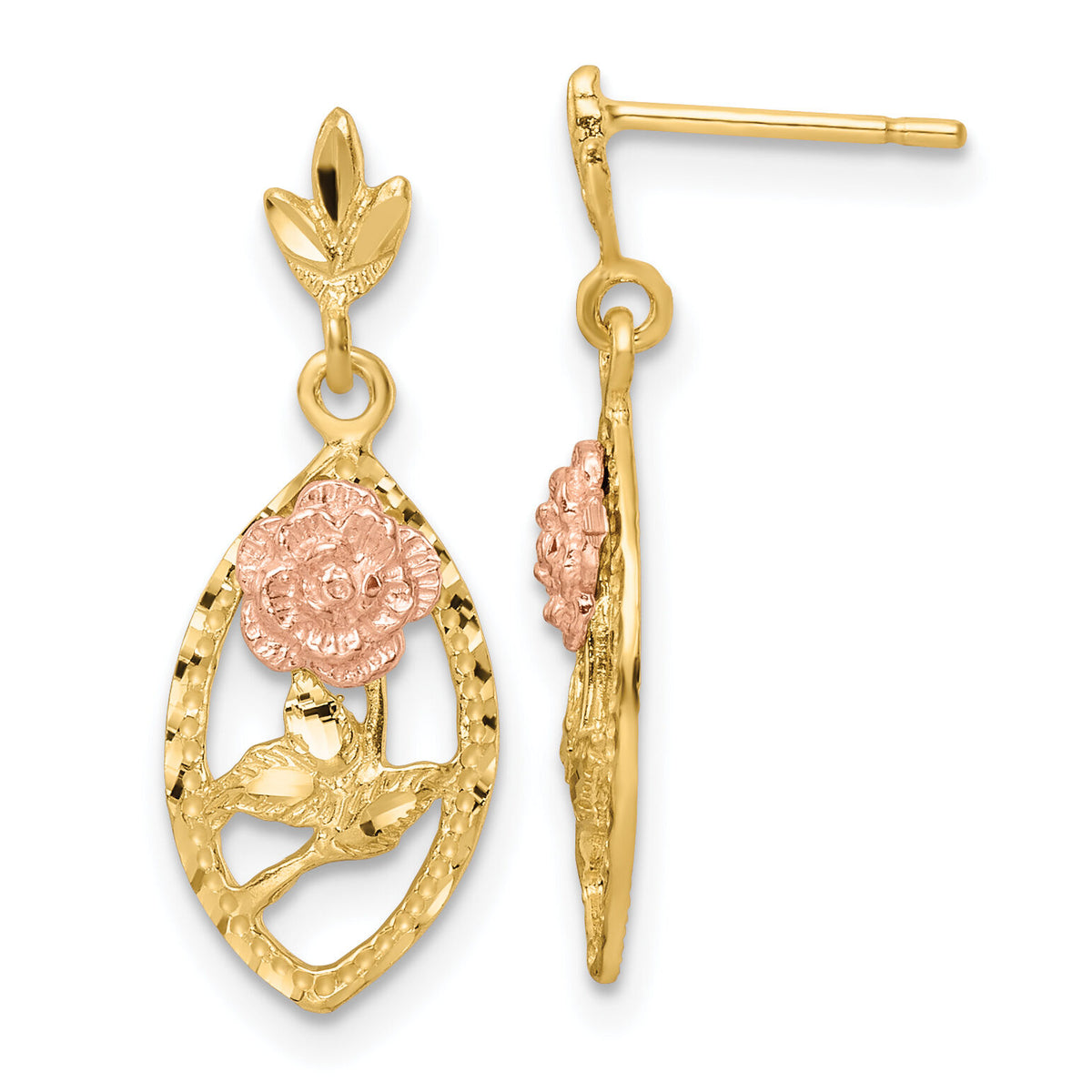 14k Two-tone Textured Flower Post Dangle Earrings-TE887