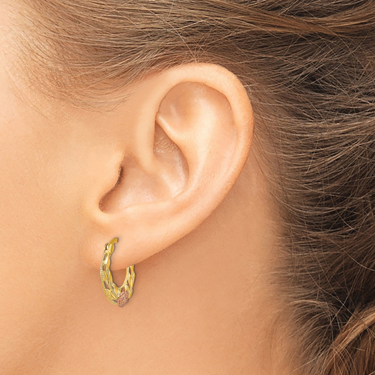 14K Two-Tone D/C Flowers Hoop Earrings-TE891
