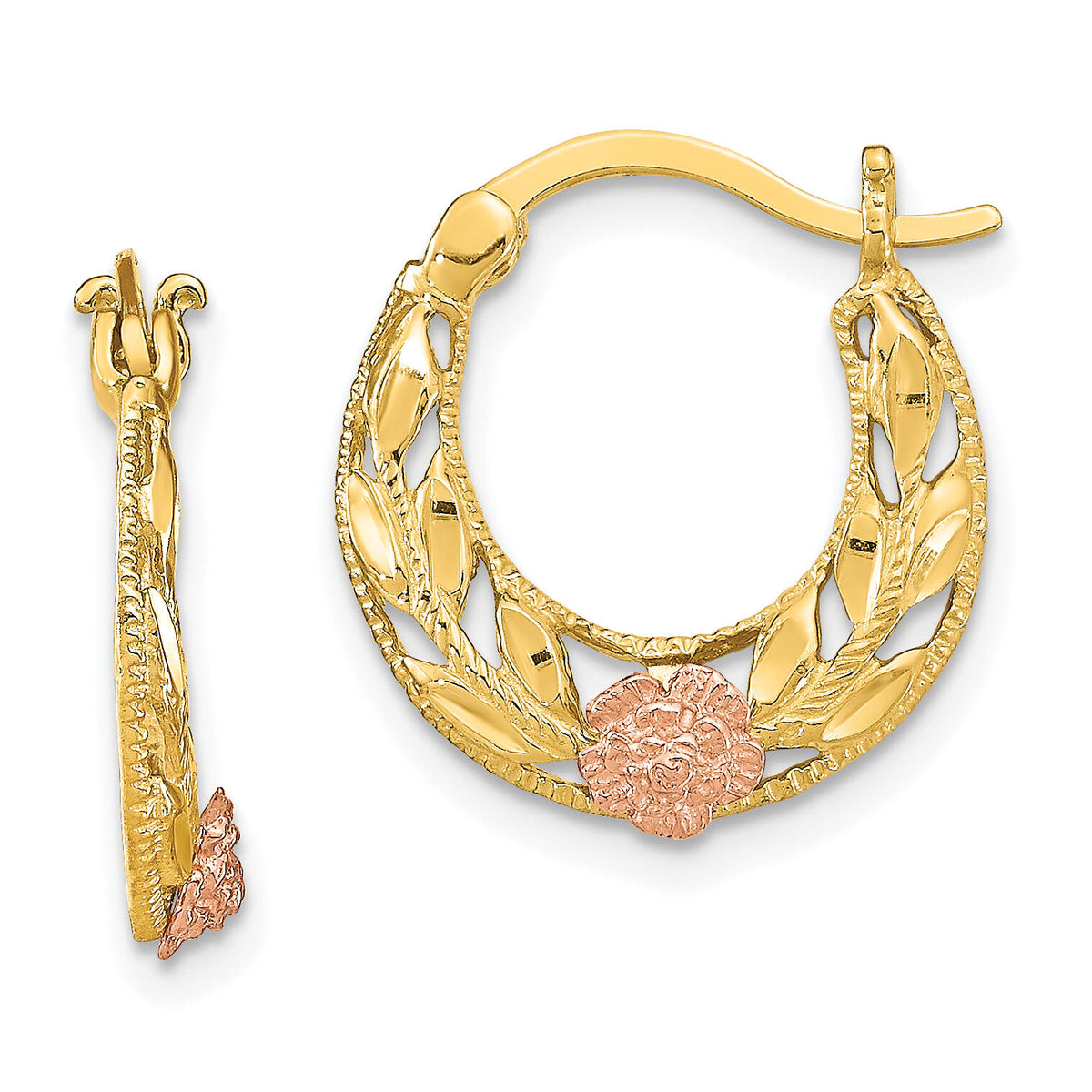 14K Two-Tone D/C Flowers Hoop Earrings-TE891