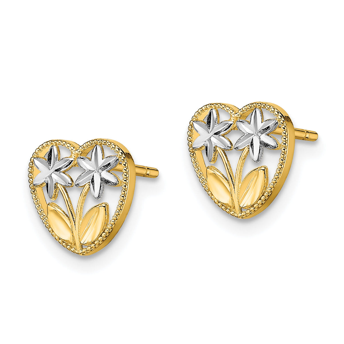 14k w/ Rhodium D/C Flower and Heart Post Earrings-TE892