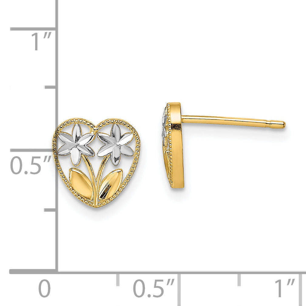 14k w/ Rhodium D/C Flower and Heart Post Earrings-TE892
