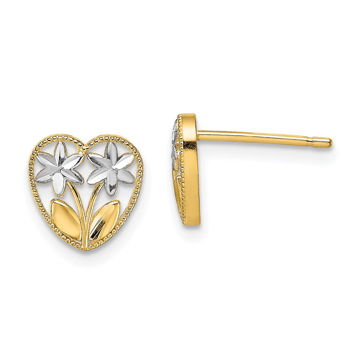 14k w/ Rhodium D/C Flower and Heart Post Earrings-TE892