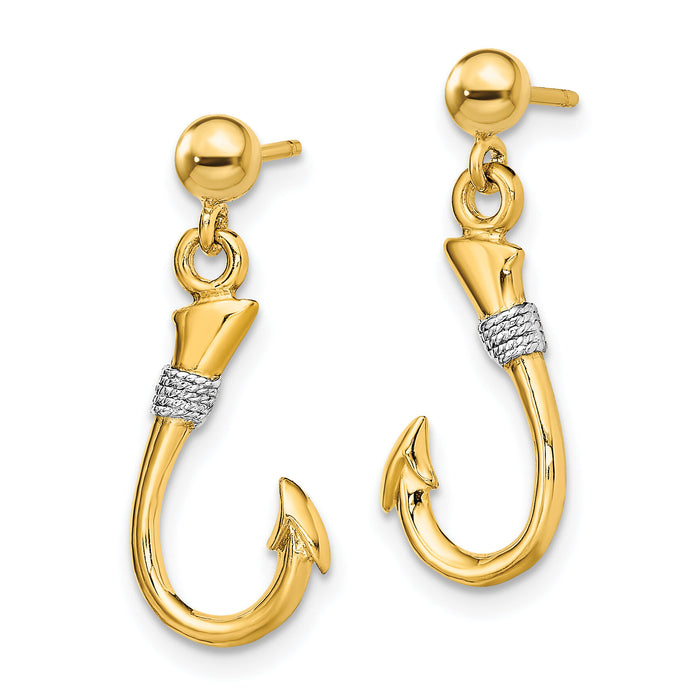 14K w/Rhodium 3-D Fish Hook W/ Rope Dangle Earrings-TE896