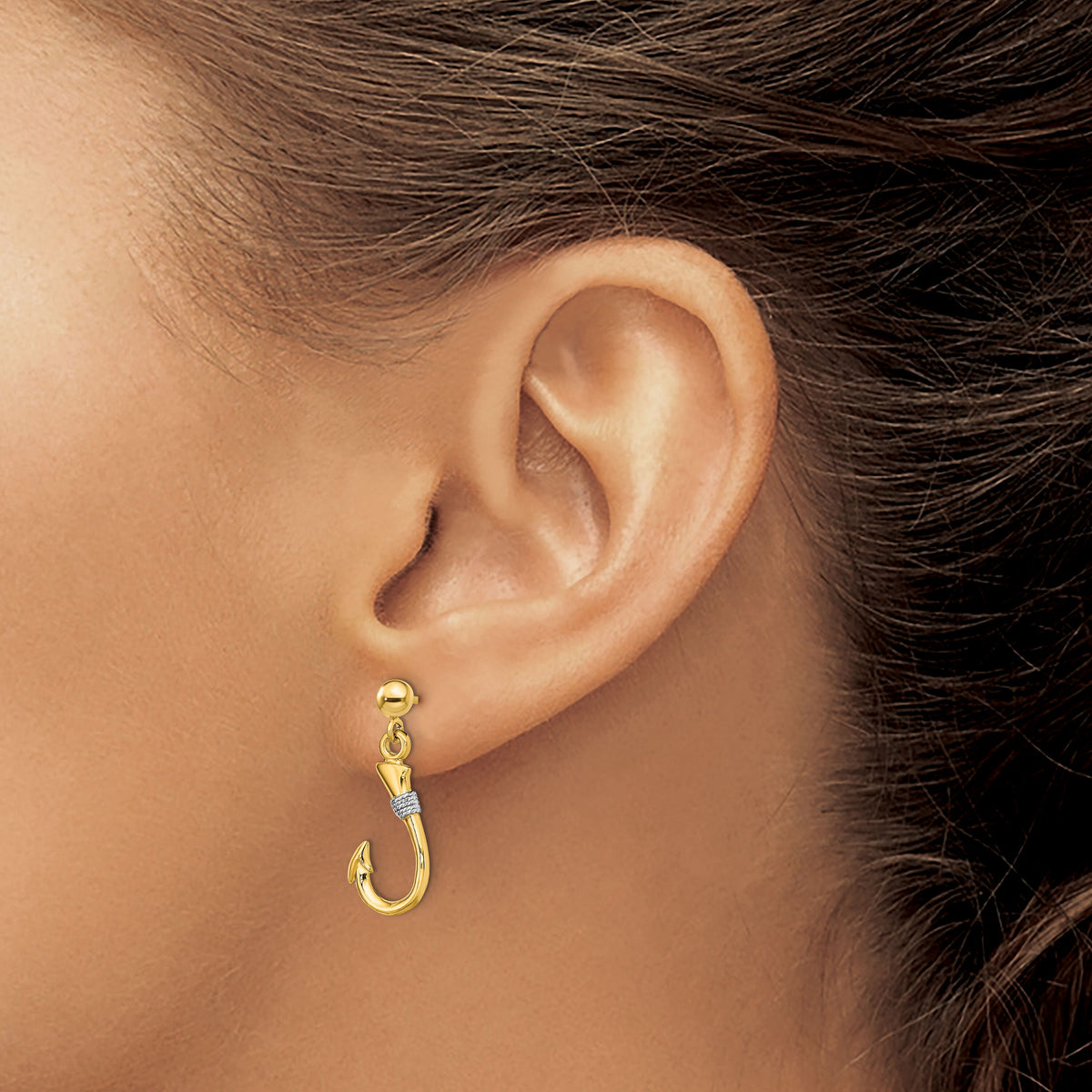 14K w/Rhodium 3-D Fish Hook W/ Rope Dangle Earrings-TE896