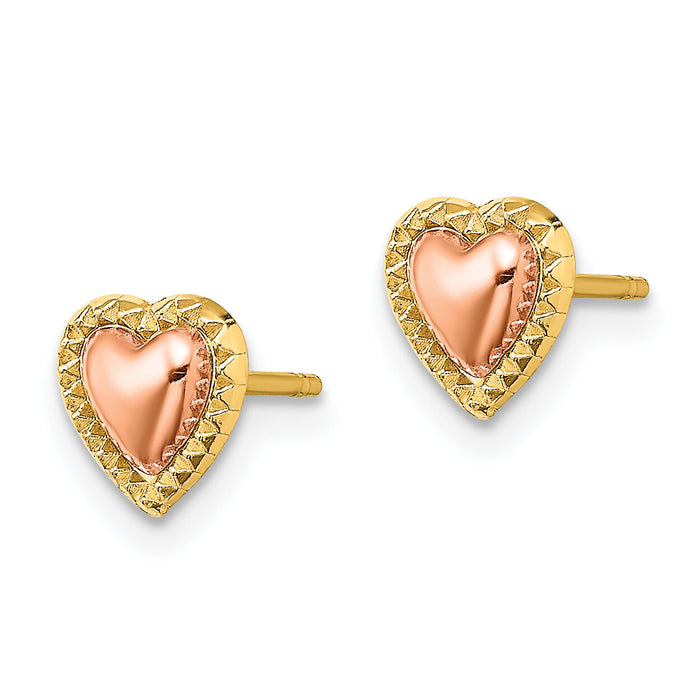 14k Two-Tone Beaded Heart Post Earrings-TE897