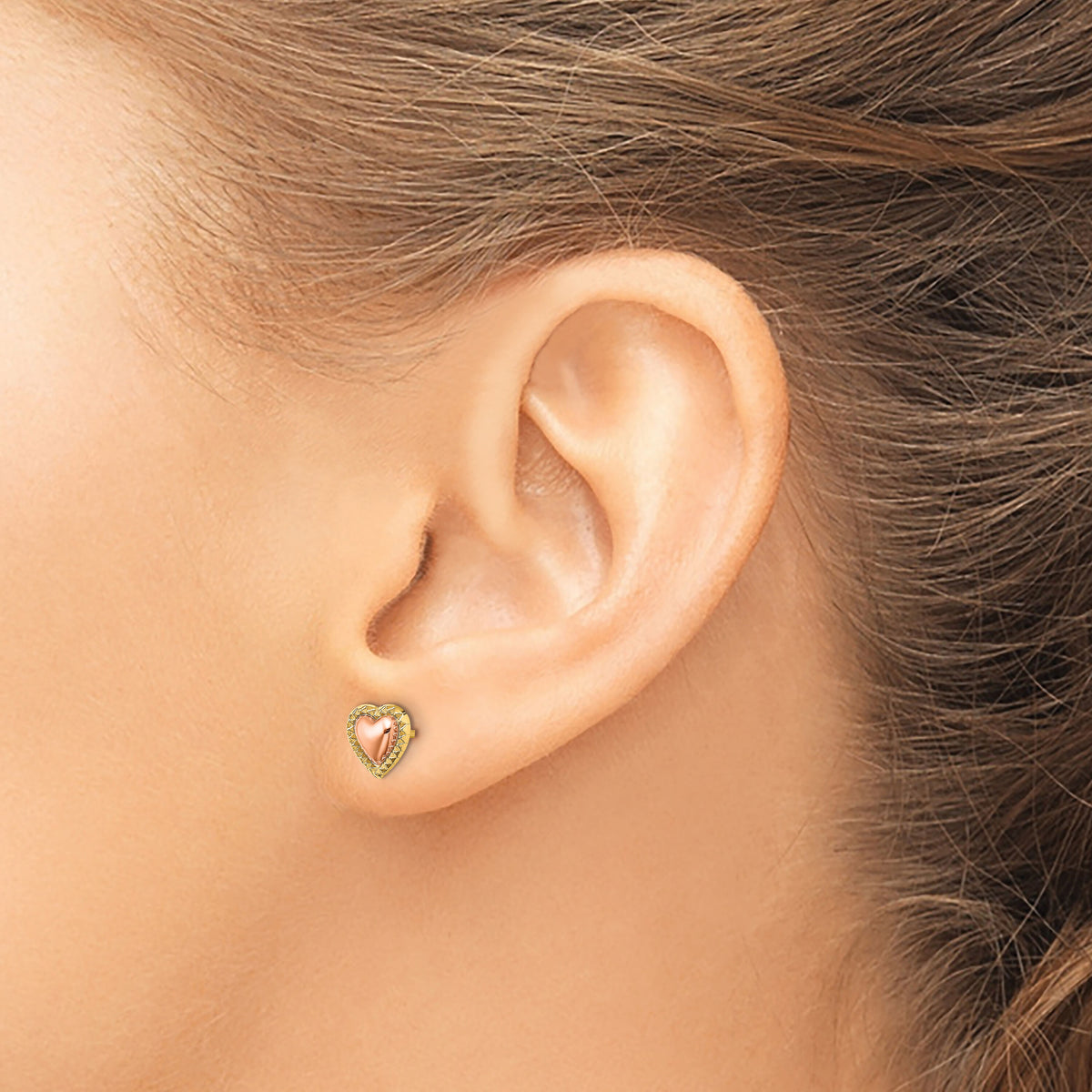 14k Two-Tone Beaded Heart Post Earrings-TE897