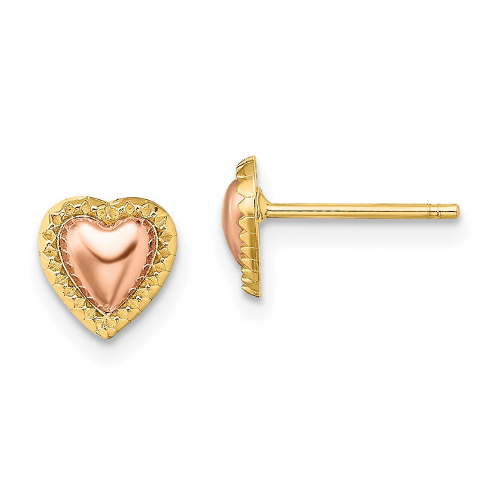 14k Two-Tone Beaded Heart Post Earrings-TE897