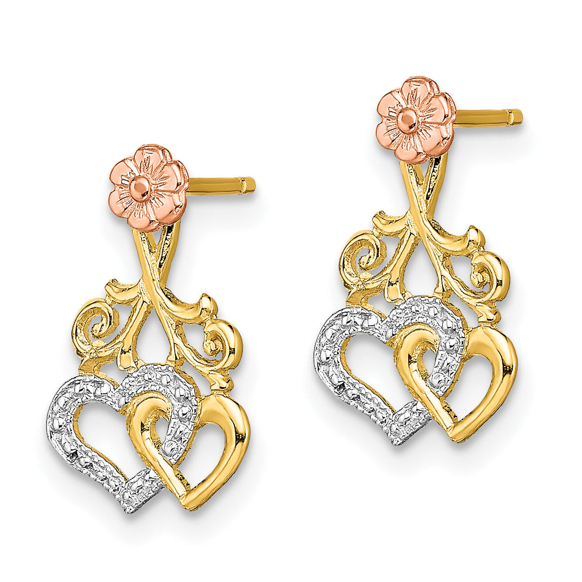 14k Two-tone w/White Rhodium Hearts and Flower Post Earrings-TE900