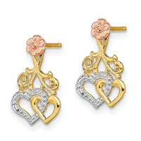 14k Two-tone w/White Rhodium Hearts and Flower Post Earrings-TE900