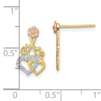 14k Two-tone w/White Rhodium Hearts and Flower Post Earrings-TE900