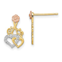 14k Two-tone w/White Rhodium Hearts and Flower Post Earrings-TE900