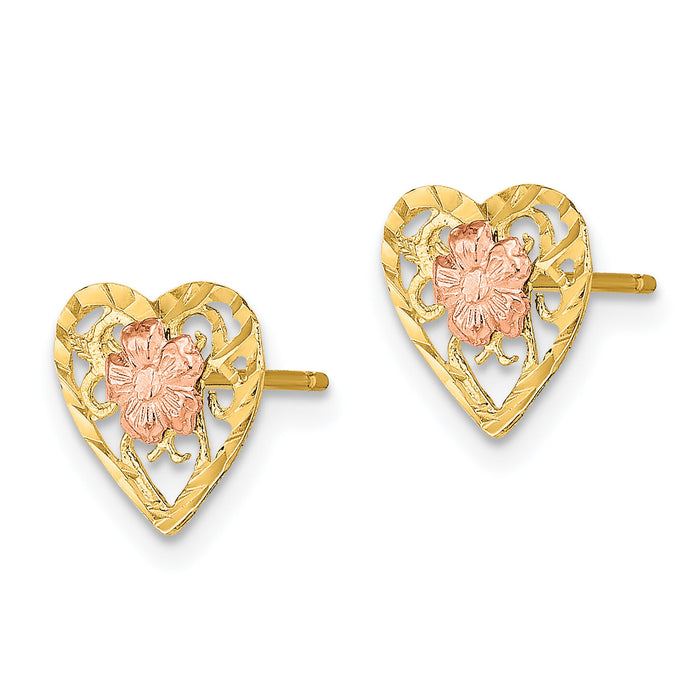 14k Two-Tone D/C Heart and Flower Earrings-TE901