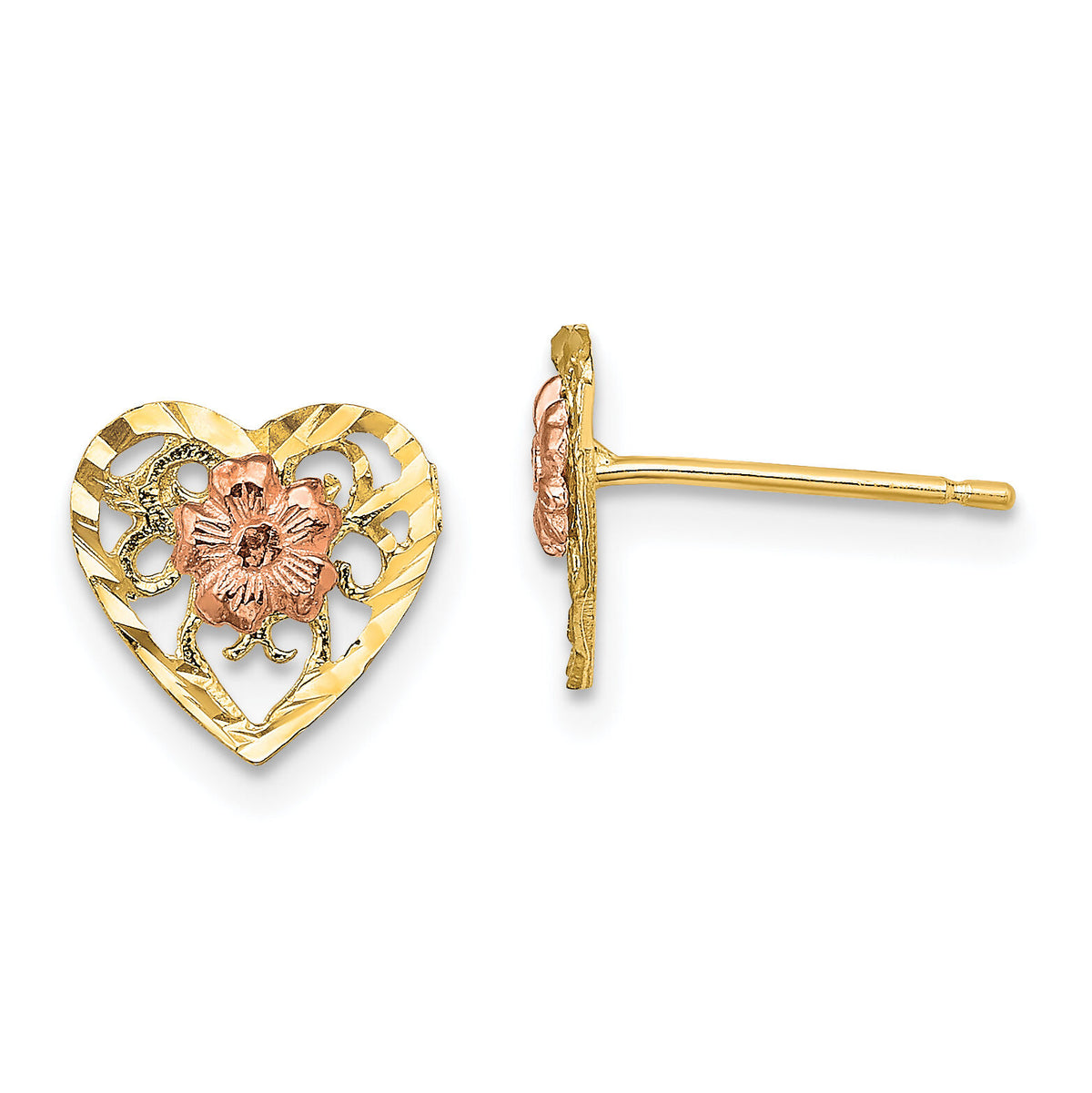 14k Two-Tone D/C Heart and Flower Earrings-TE901