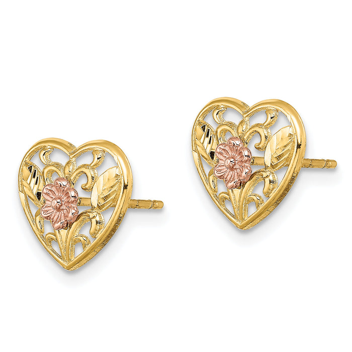14K Two-tone Polished Floral in Heart Post Earrings-TE907