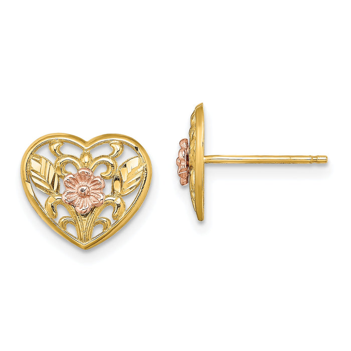 14K Two-tone Polished Floral in Heart Post Earrings-TE907