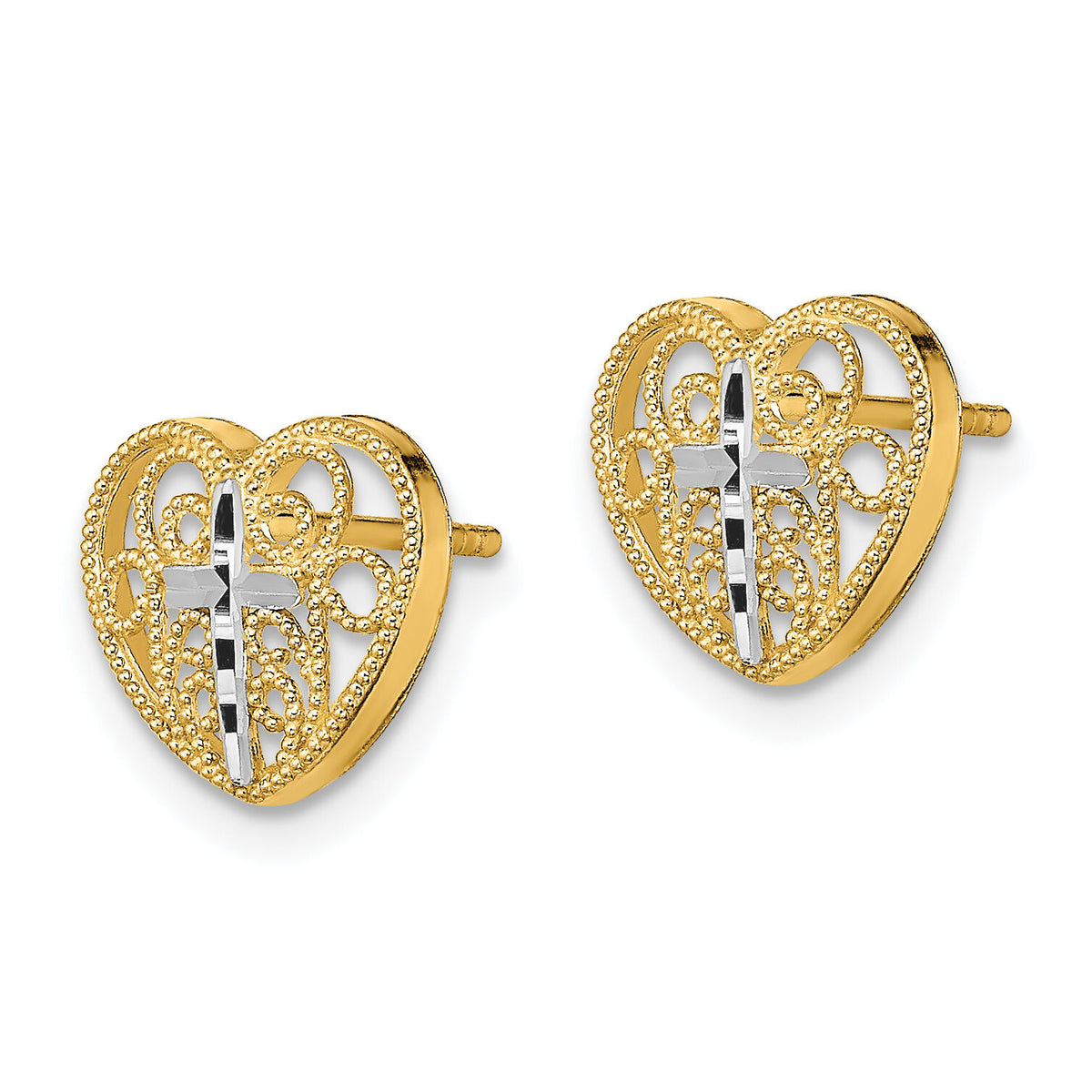 14K w/Rhodium Filigree Cross Center Heart Post Earrings-TE908
