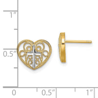 14K w/Rhodium Filigree Cross Center Heart Post Earrings-TE908