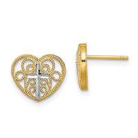 14K w/Rhodium Filigree Cross Center Heart Post Earrings-TE908