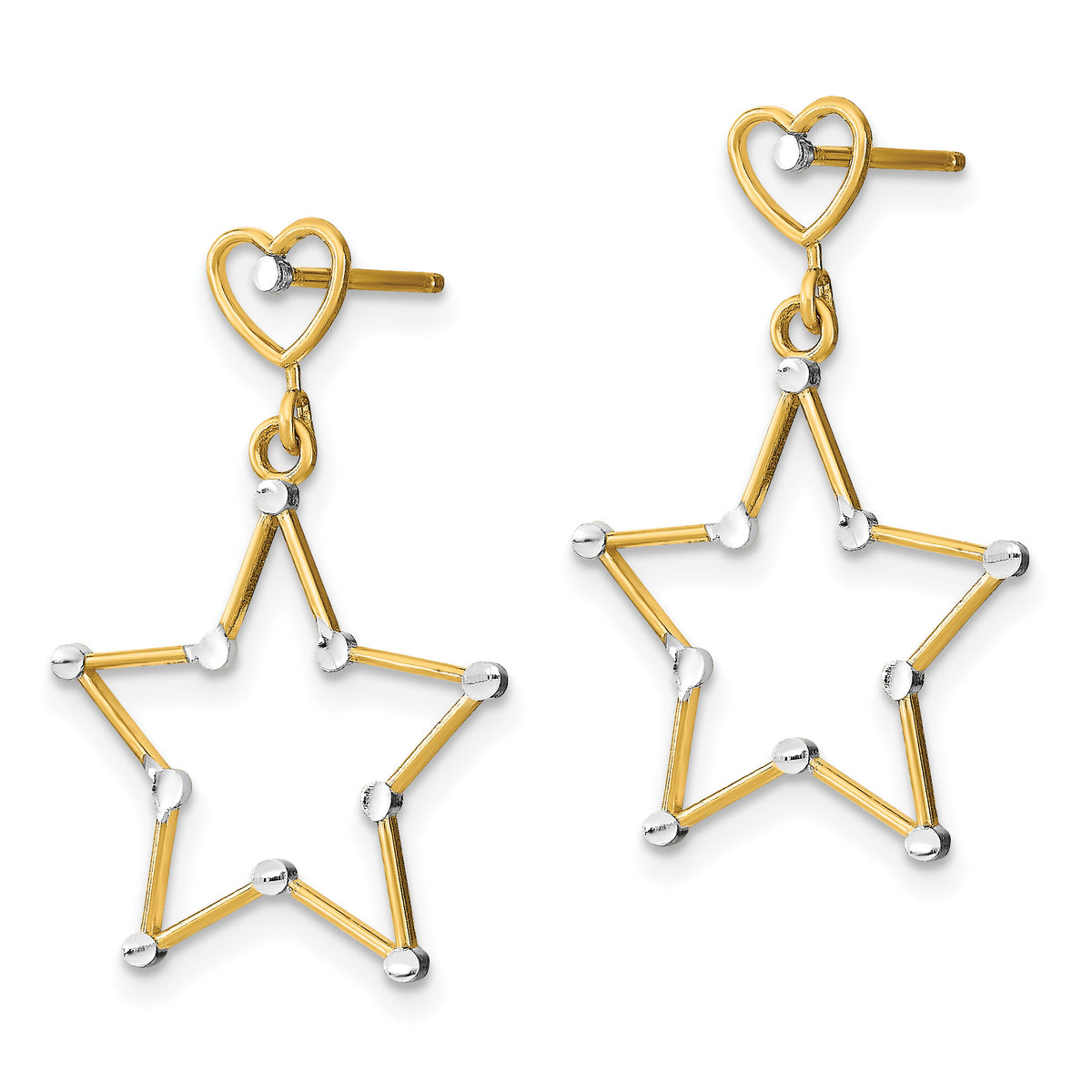 14k w/ RH Diamond-Cut Heart and Star Post Dangle Earrings-TE913