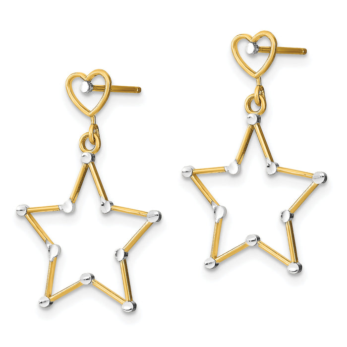 14k w/ RH Diamond-Cut Heart and Star Post Dangle Earrings-TE913
