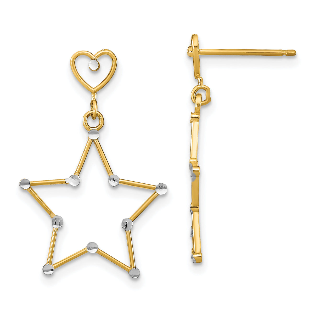 14k w/ RH Diamond-Cut Heart and Star Post Dangle Earrings-TE913