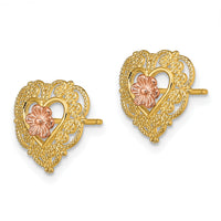 14k Two-Tone w/ Lace Trim and Flower Heart Post Earrings-TE914