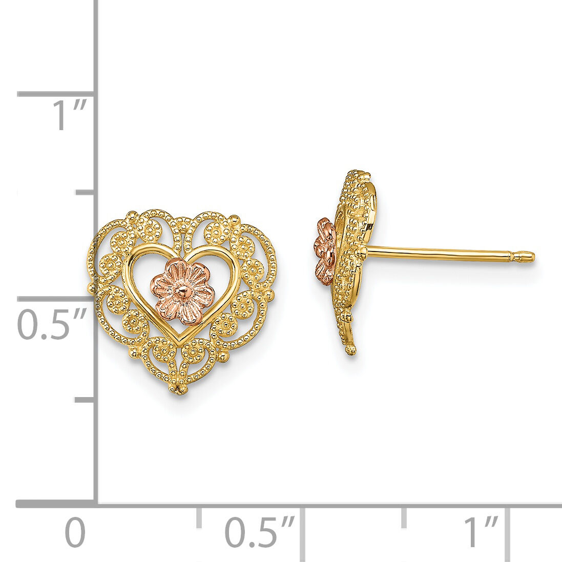 14k Two-Tone w/ Lace Trim and Flower Heart Post Earrings-TE914