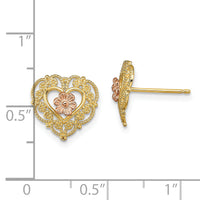 14k Two-Tone w/ Lace Trim and Flower Heart Post Earrings-TE914