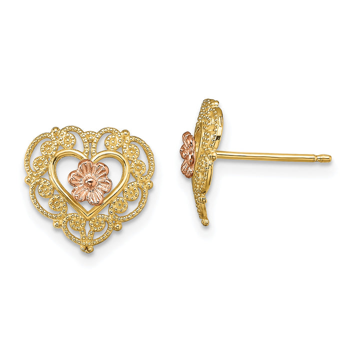 14k Two-Tone w/ Lace Trim and Flower Heart Post Earrings-TE914