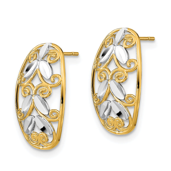 14K w/Rhodium Oval D/C Filigree Post Dangle Earrings-TE917