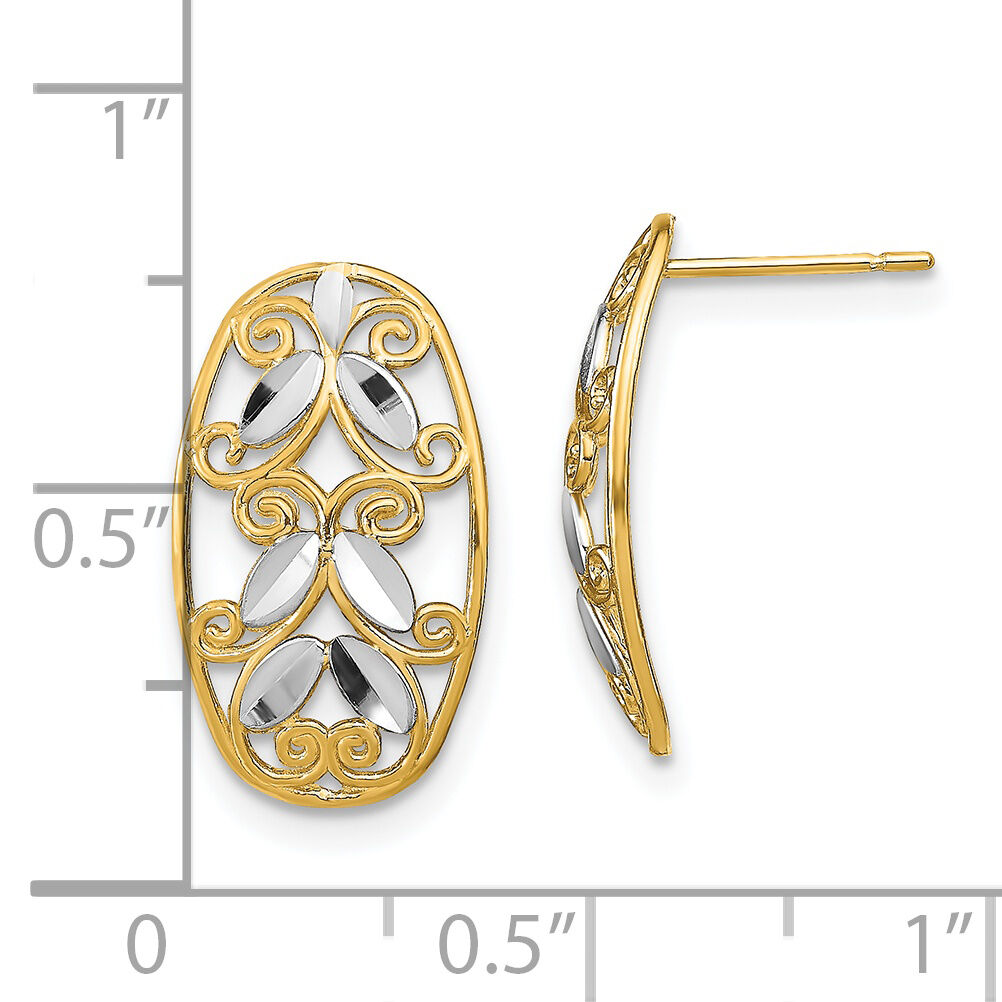 14K w/Rhodium Oval D/C Filigree Post Dangle Earrings-TE917