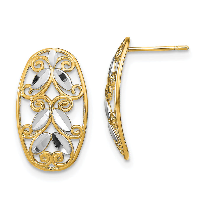 14K w/Rhodium Oval D/C Filigree Post Dangle Earrings-TE917