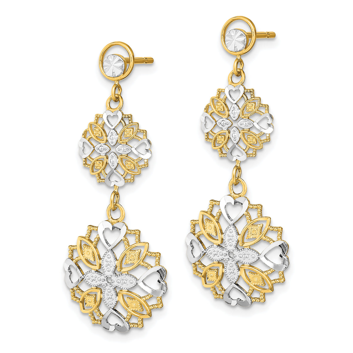 14k w/ Rhodium D/C Flower & Heart Dangle Earrings-TE918
