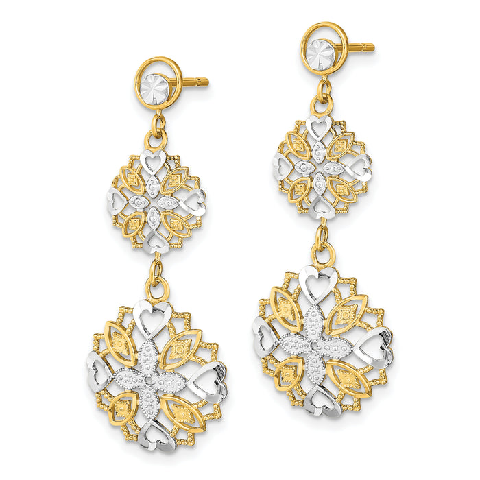 14k w/ Rhodium D/C Flower & Heart Dangle Earrings-TE918