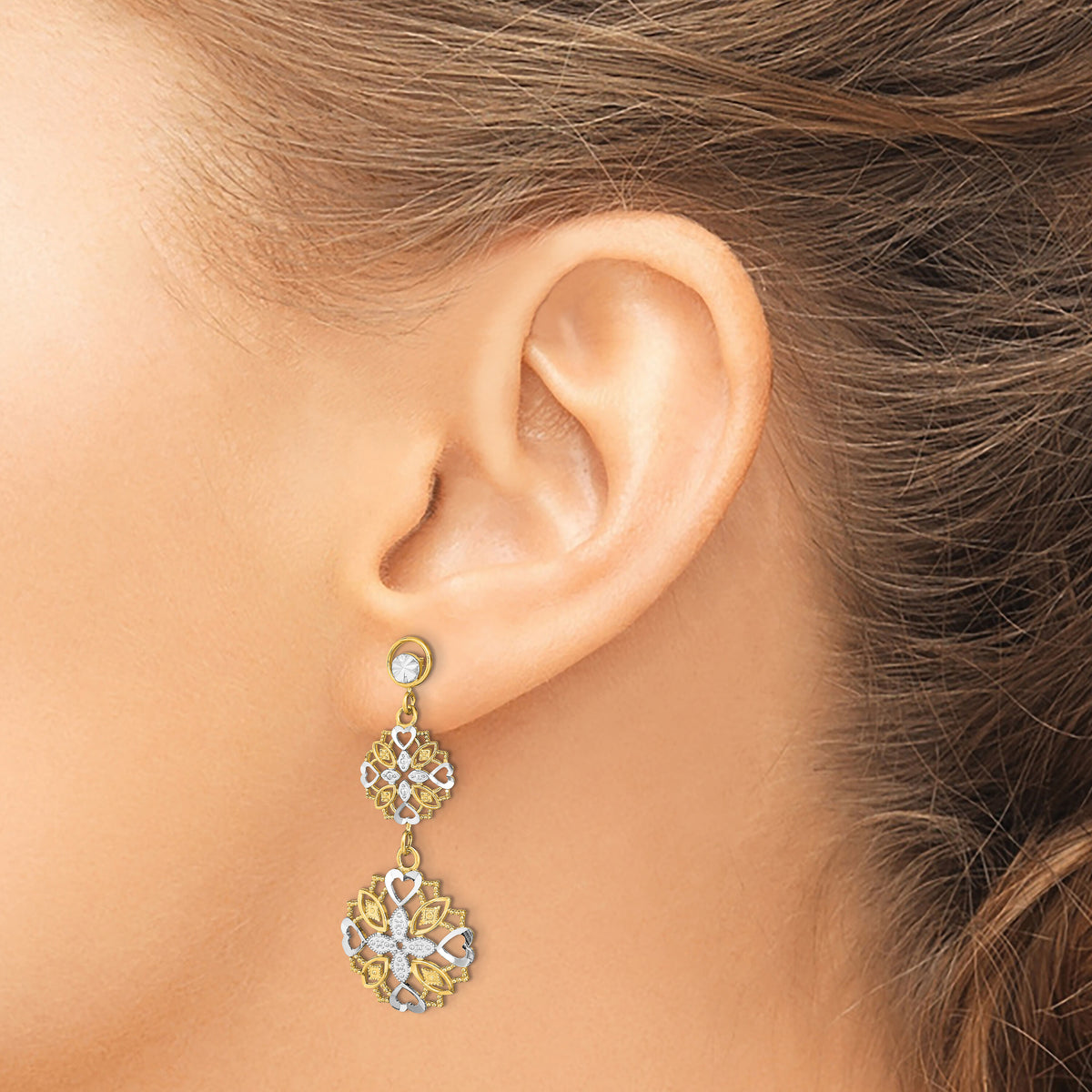 14k w/ Rhodium D/C Flower & Heart Dangle Earrings-TE918