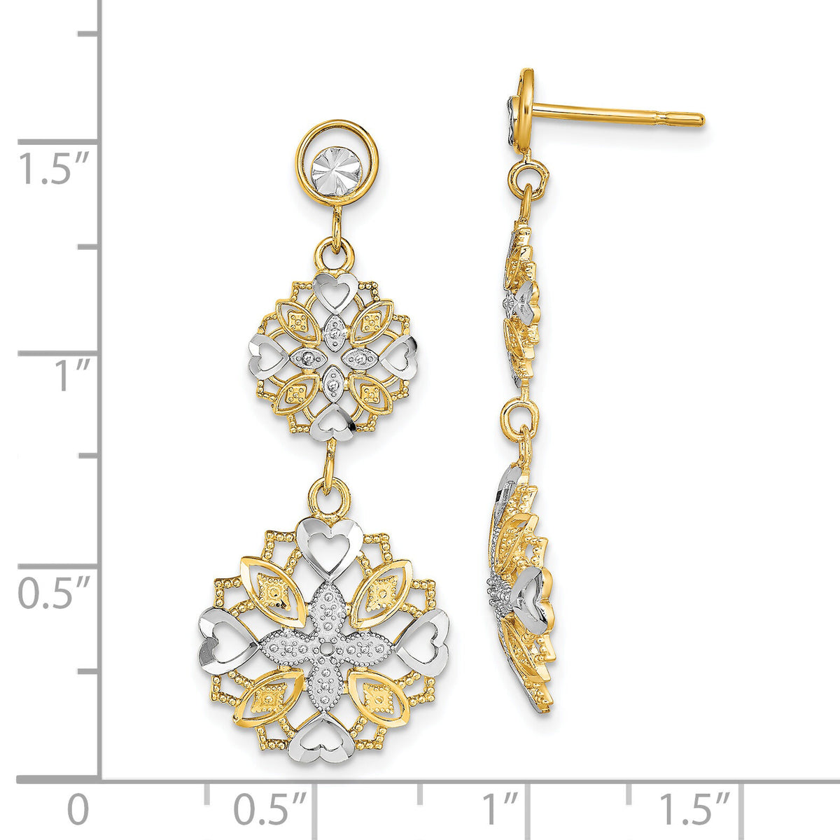14k w/ Rhodium D/C Flower & Heart Dangle Earrings-TE918