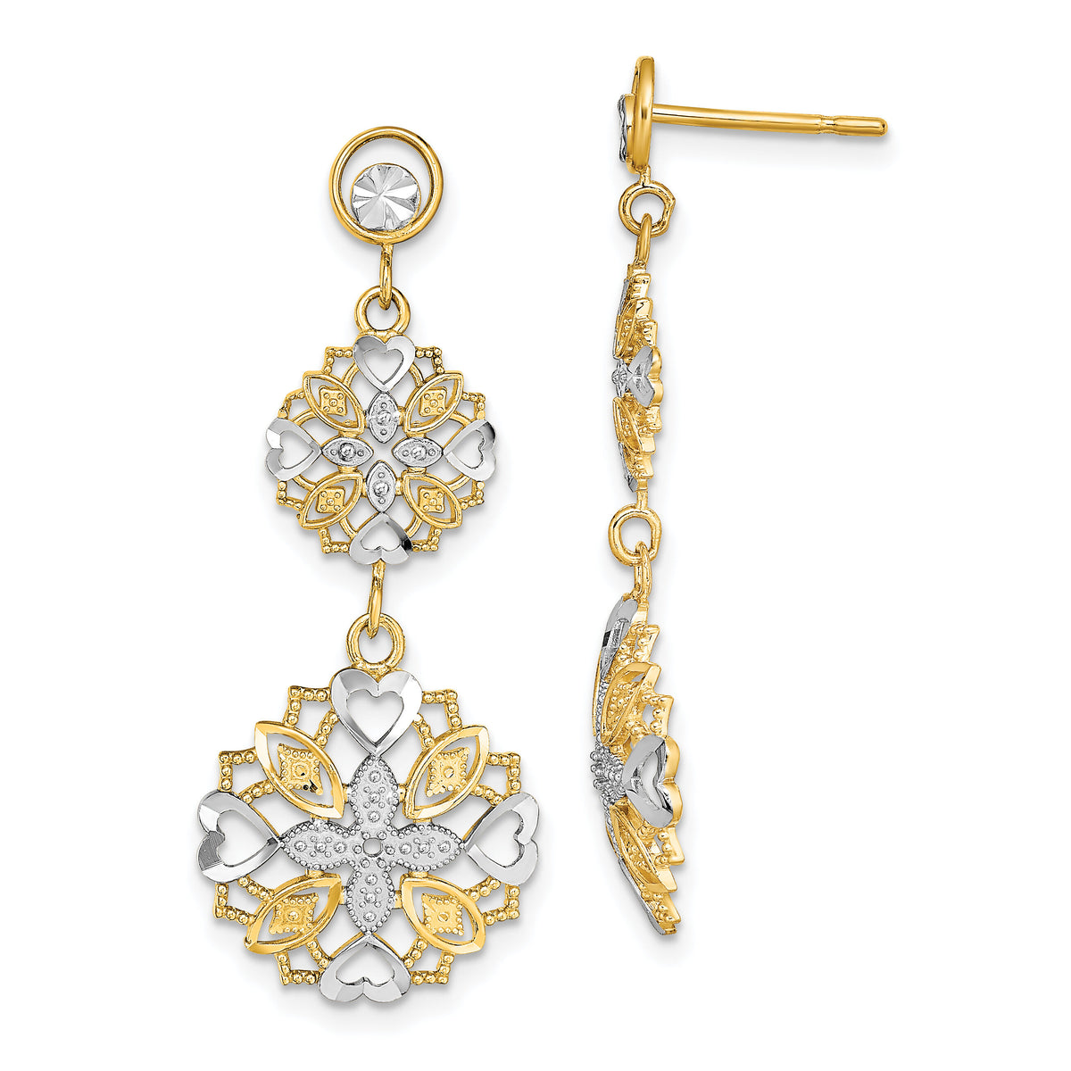 14k w/ Rhodium D/C Flower & Heart Dangle Earrings-TE918