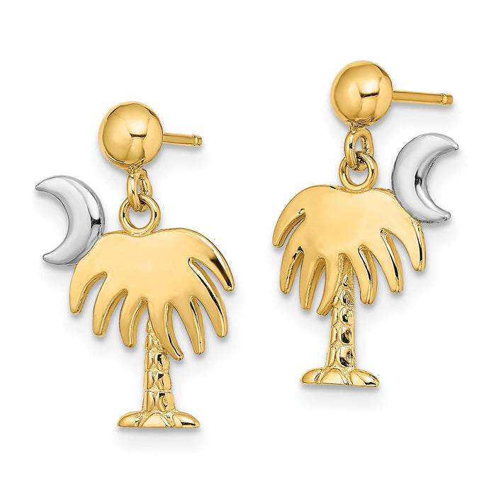 14K W/ Rhodium Charleston Palm Tree w/ Moon Dangle Earrings-TE921