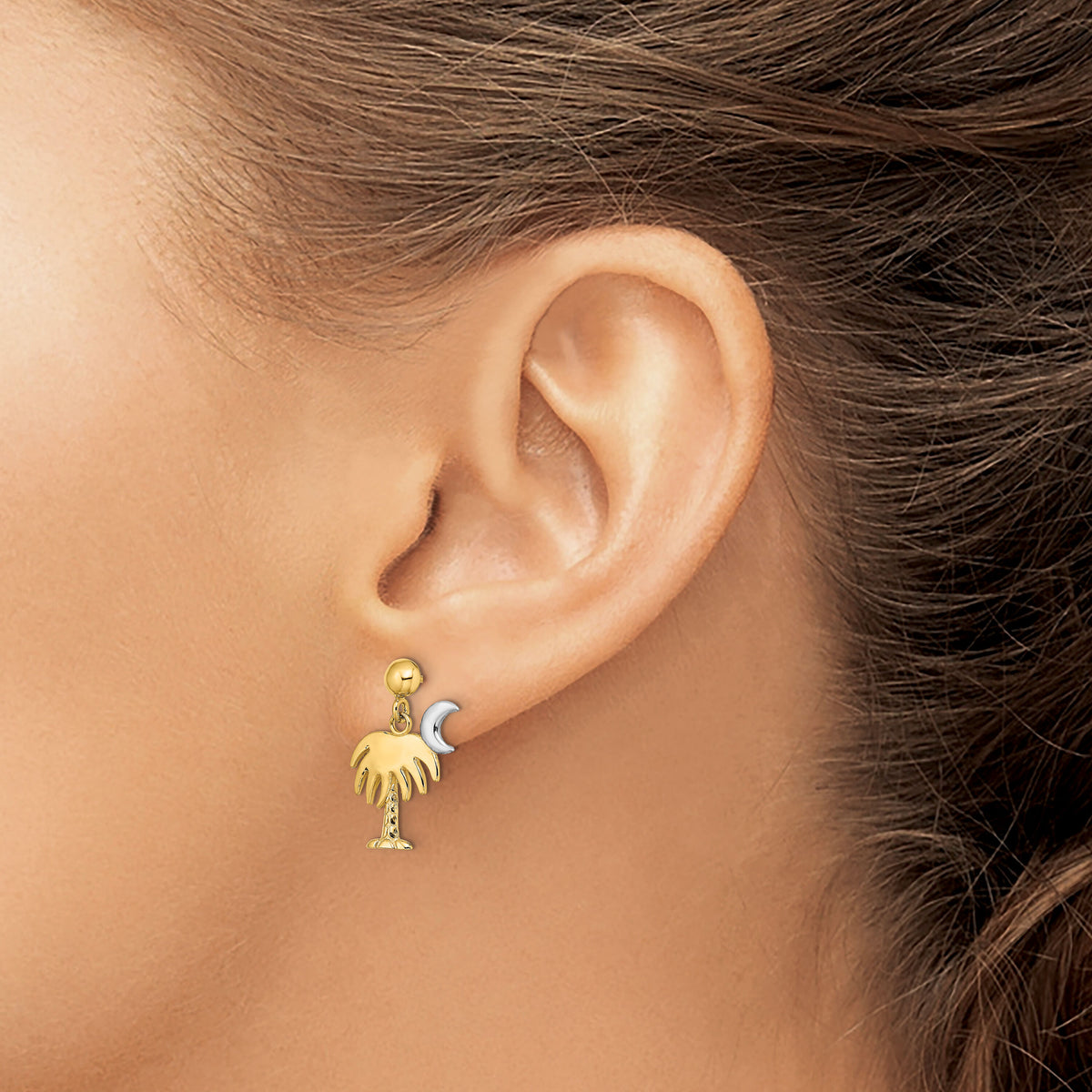 14K W/ Rhodium Charleston Palm Tree w/ Moon Dangle Earrings-TE921