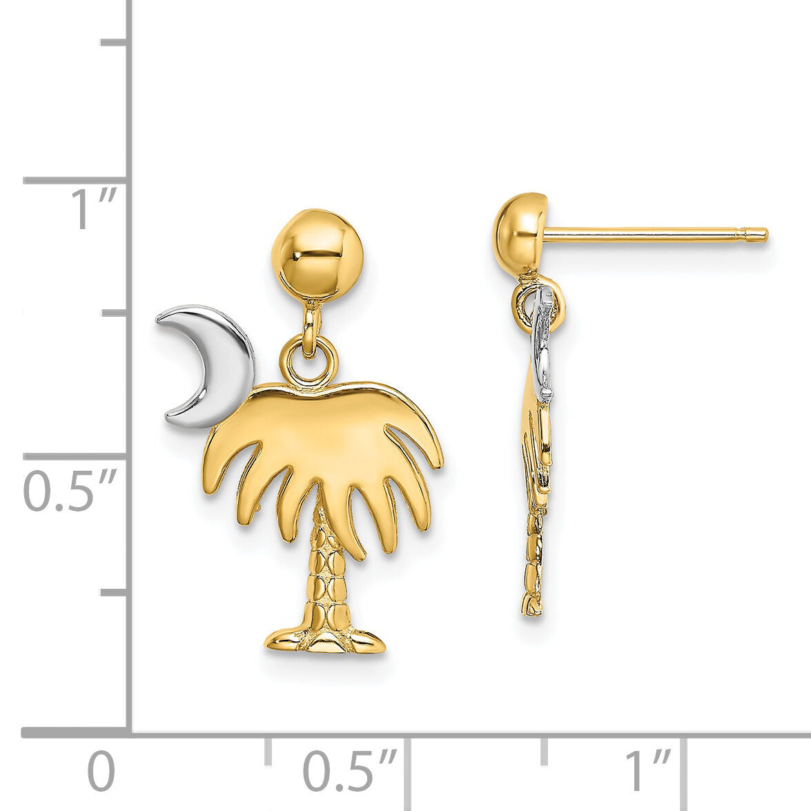 14K W/ Rhodium Charleston Palm Tree w/ Moon Dangle Earrings-TE921