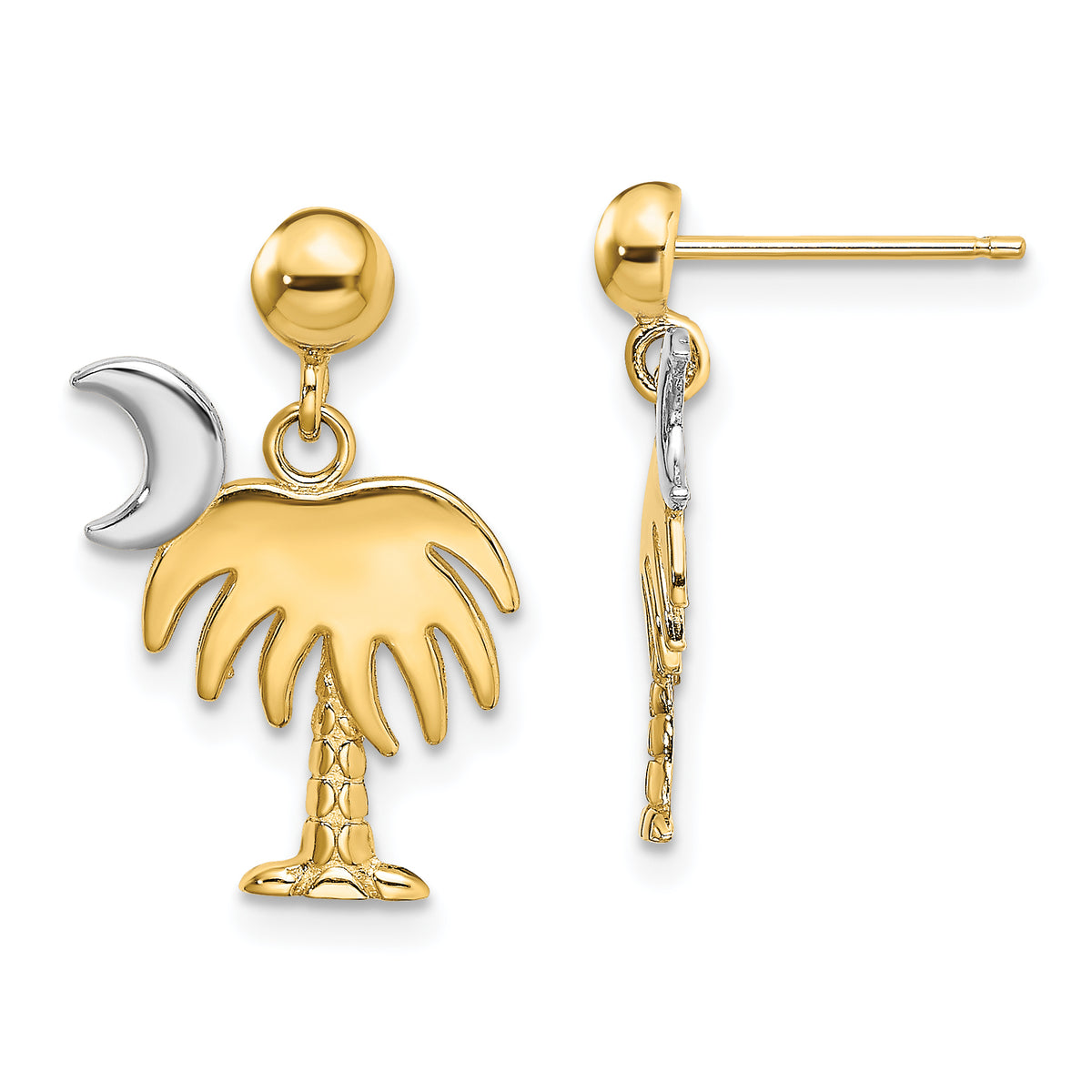 14K W/ Rhodium Charleston Palm Tree w/ Moon Dangle Earrings-TE921